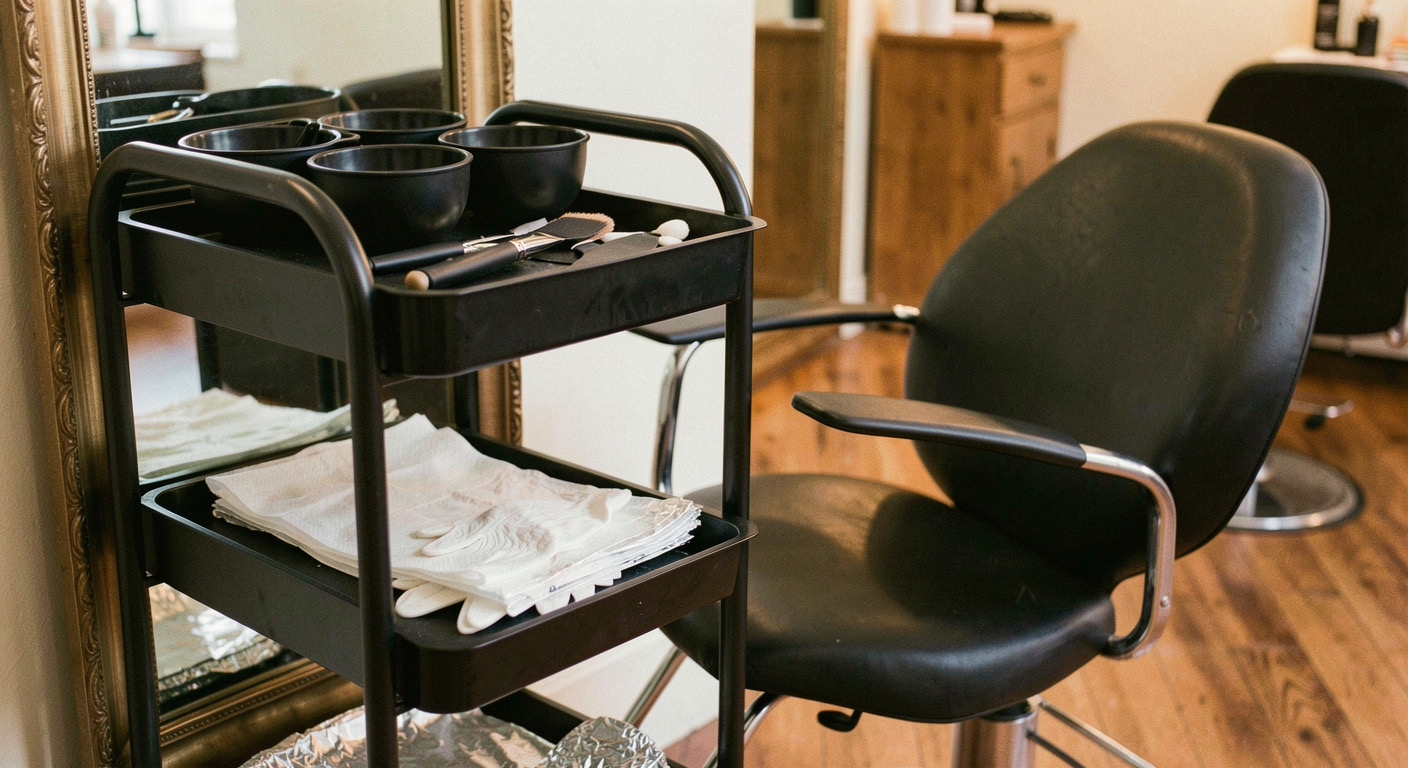 Chariot de coloration près d'un fauteuil de coiffure vide, avec des bols noirs, des pinceaux plats, des gants pliés et un rouleau de papier aluminium, dans la lumière douce d'un salon en fin de journée